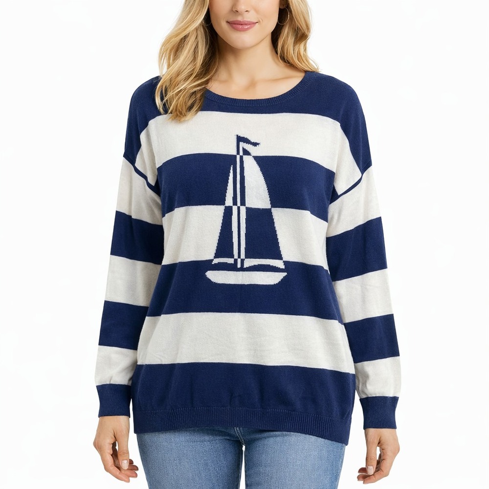 G.W. Sailboat Striped Sweater Navy White Nautical Knit Top Large